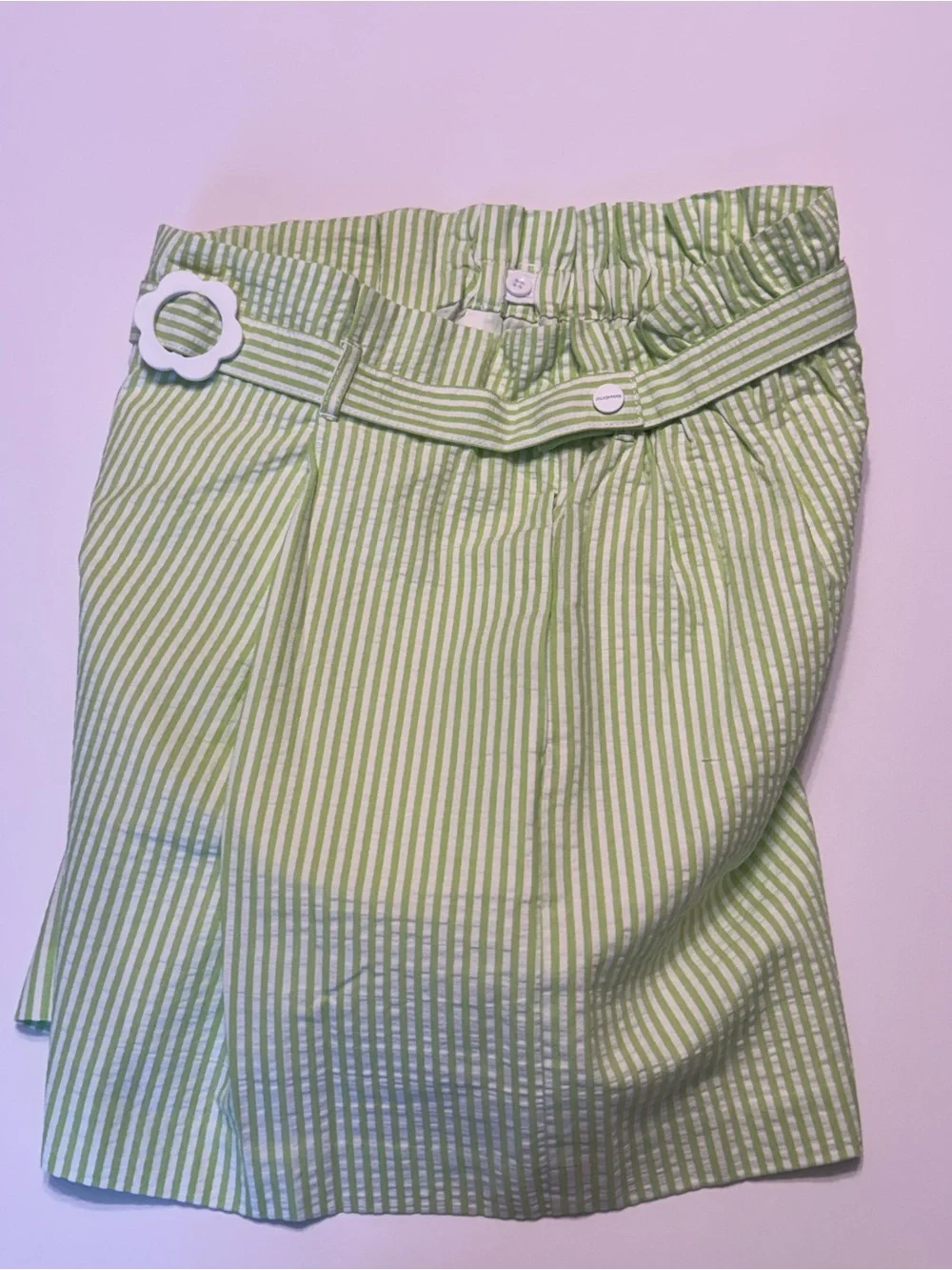 Jacadi Light Green and White Striped Paperbag Waist Shorts with Flower Buckle